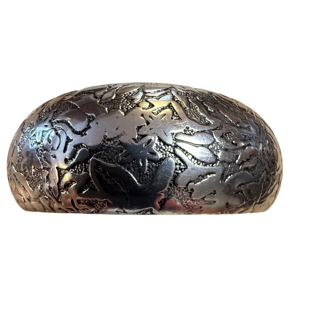 Silver Tone Floral Cuff Bangle Bracelet Wide Etched Rose Leaf Jewelry